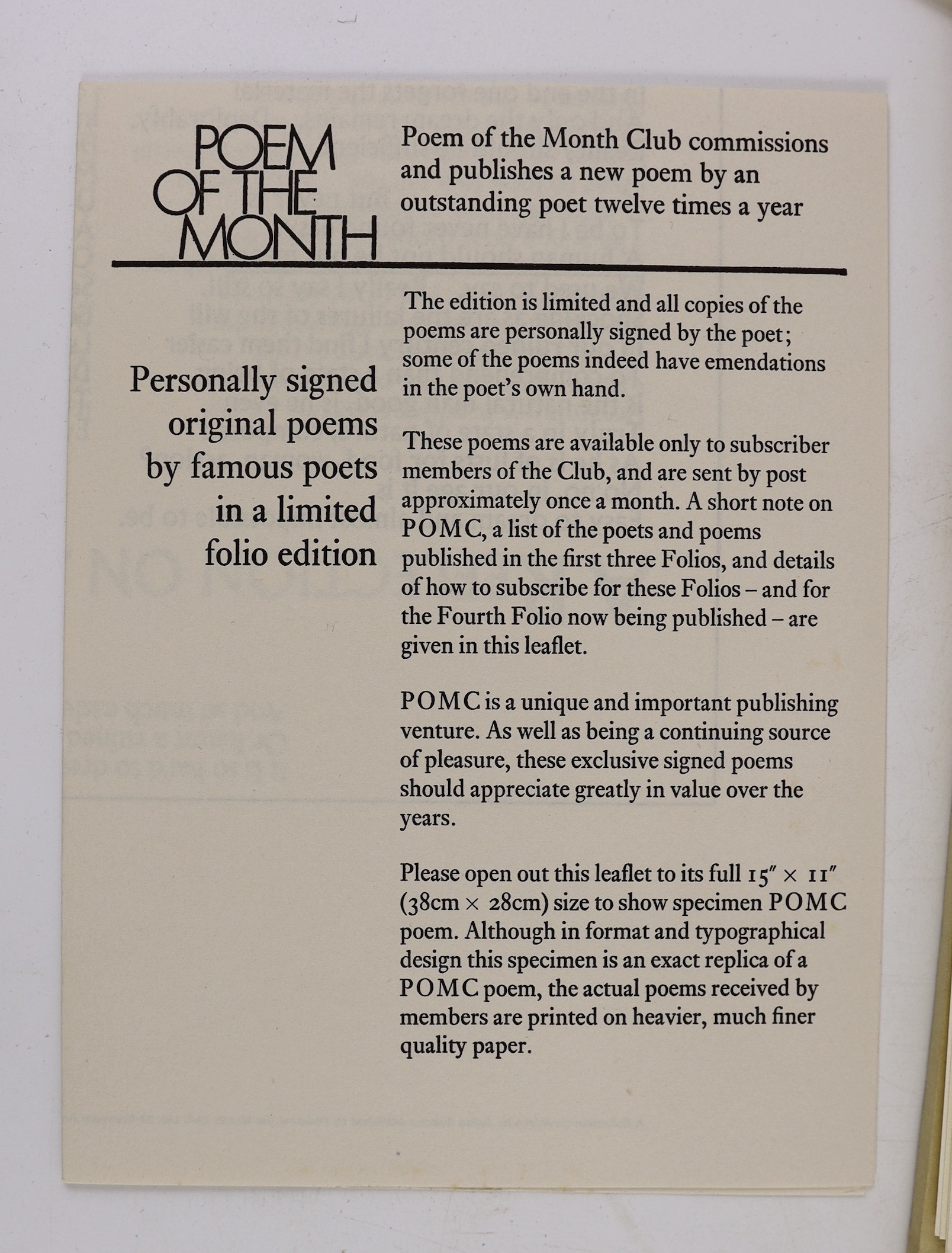 Poem of the Month Club Broadsheets, 1970’s, all 48 signed by the poets, including Philip Larkin, Seamus Heaney, Glyn Hughes, Thom Gunn, Robert Graves, Stevie Smith and John Betjeman (with a correction in his own hand)